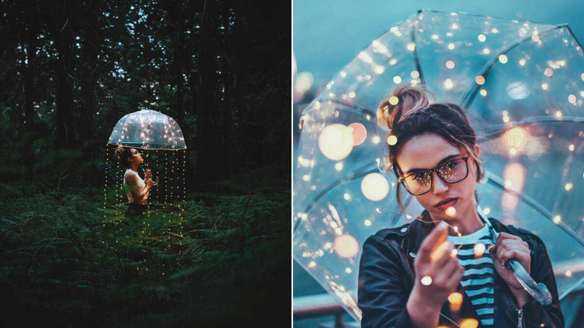 clear umbrella with fairy lights