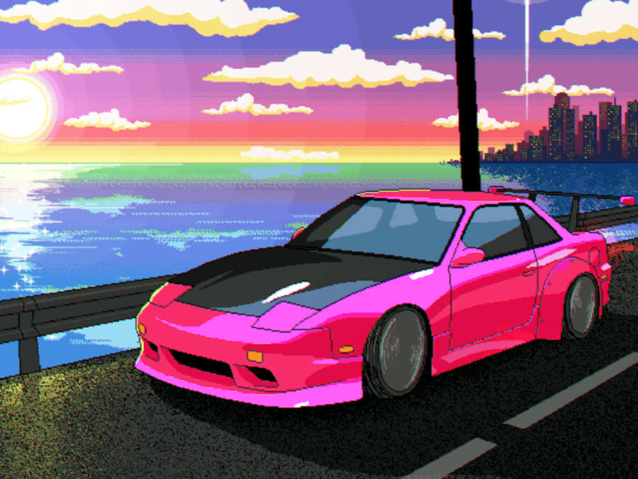 Sunset Anime Aesthetic Drive in a Pink Nissan 240SX