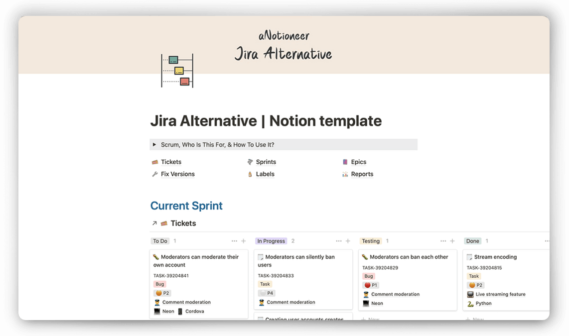 Jira Notion Template for Developers