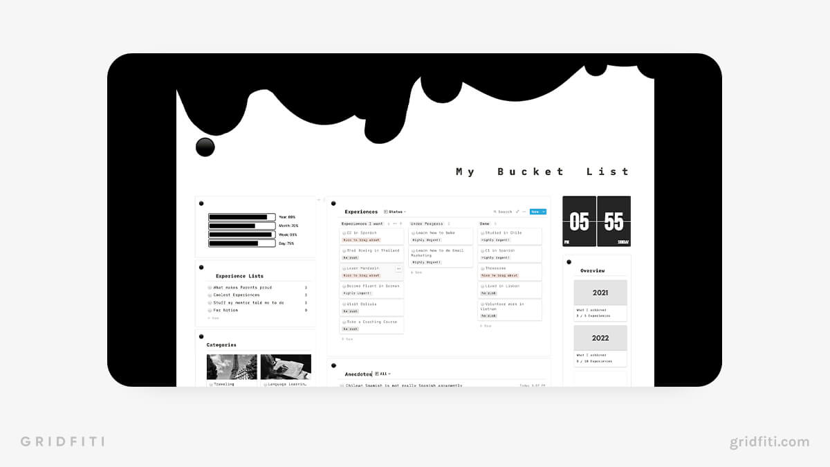 Minimalist Notion Bucket List Template