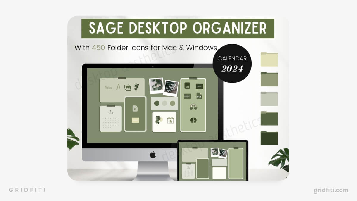 Sage Green Desktop Organizer Wallpaper & Folder Icon Set