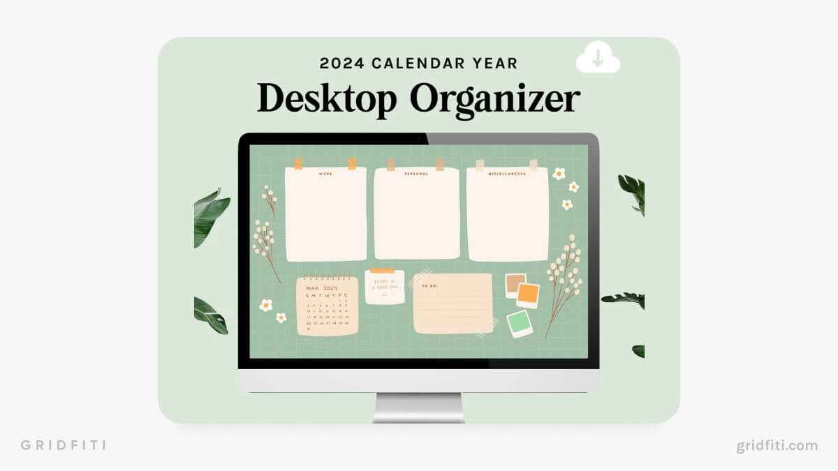 Green Floral Grid Desktop Organizer Wallpaper