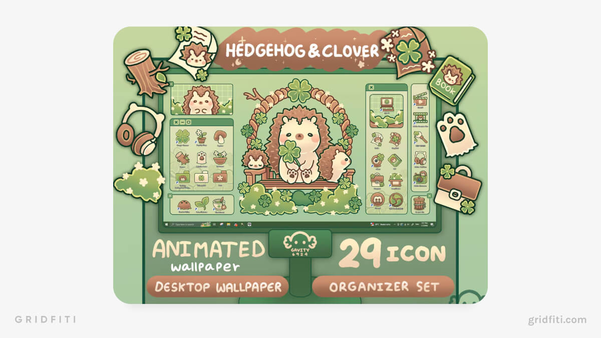 Hedgehog & Clover Animated Desktop Wallpaper Organizer Set