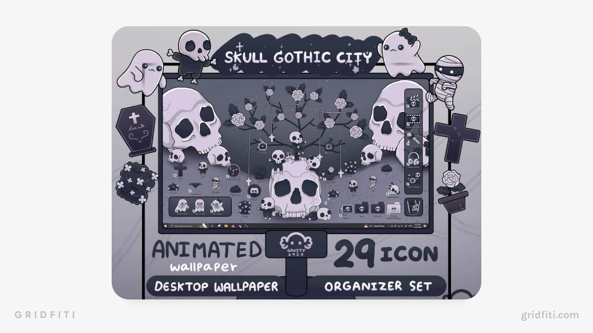 Skull Gothic City Animated Organizer Wallpaper Set