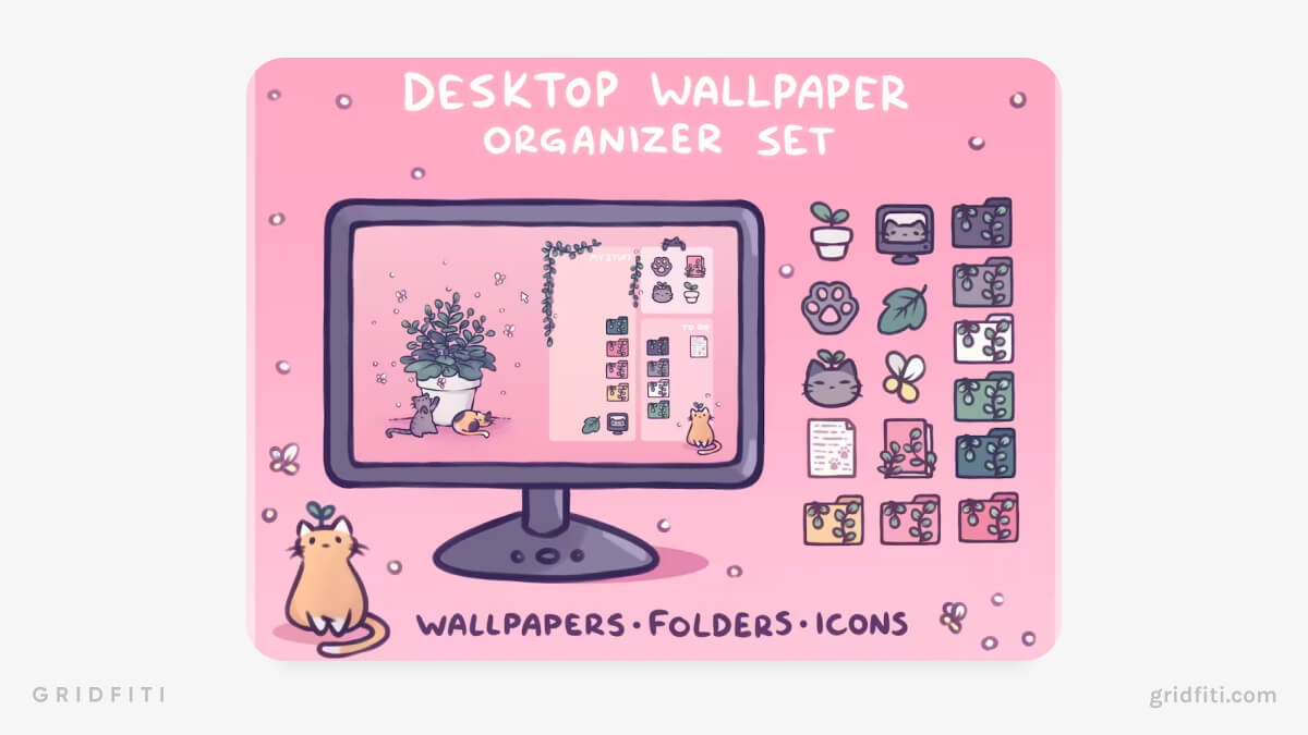 Cat Plant Desktop Organizer Wallpaper
