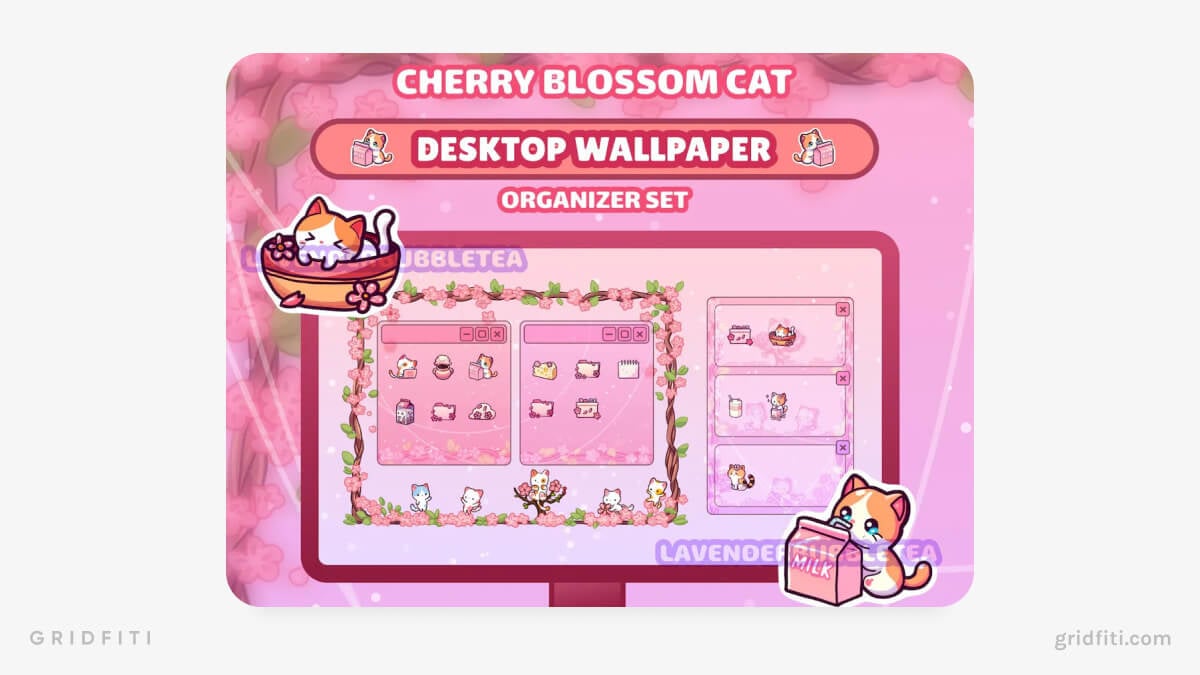 Cherry Blossom Cat Desktop Organizer Wallpaper Set