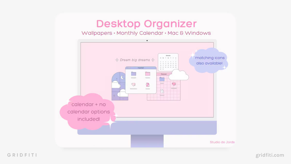Pink Aesthetic Desktop Organizer with 2024 Monthly Calendar