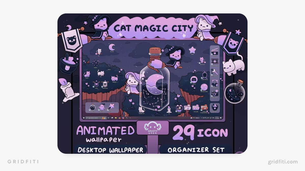 Cat Magic City Desktop Organizer Wallpaper Set