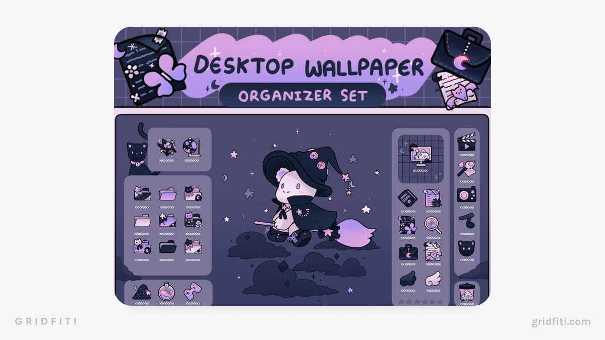 Cute Witchy Animated Desktop Organizer Wallpaper Set