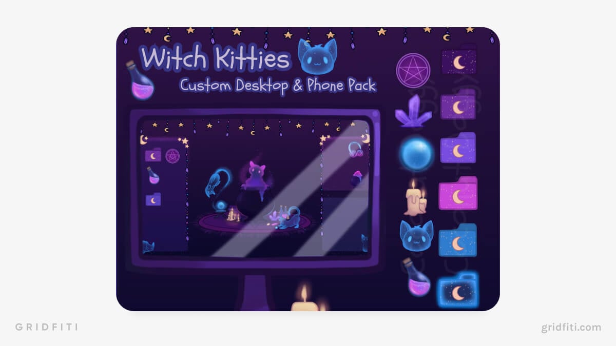 Witch Kitties Magical Fantasy Desktop Organizer Wallpaper Bundle