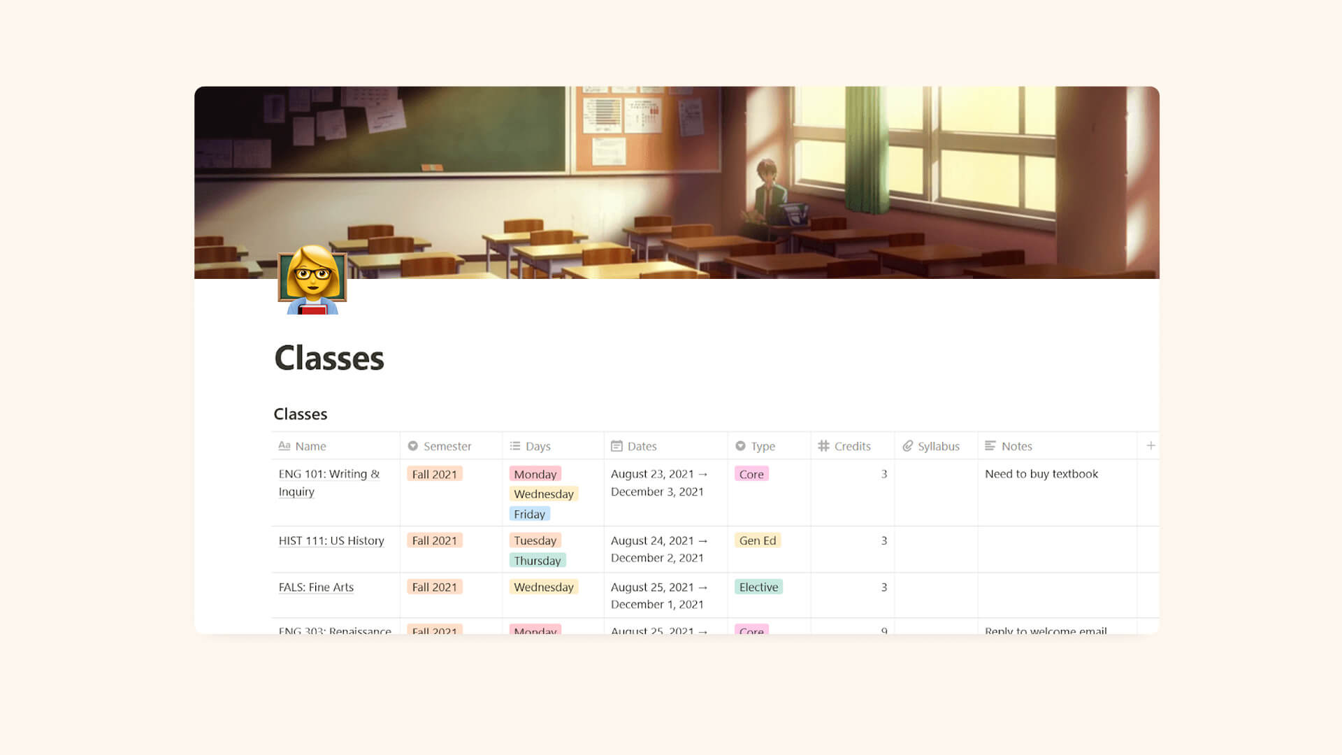 Notion Student Schedule & Syllabus Planning