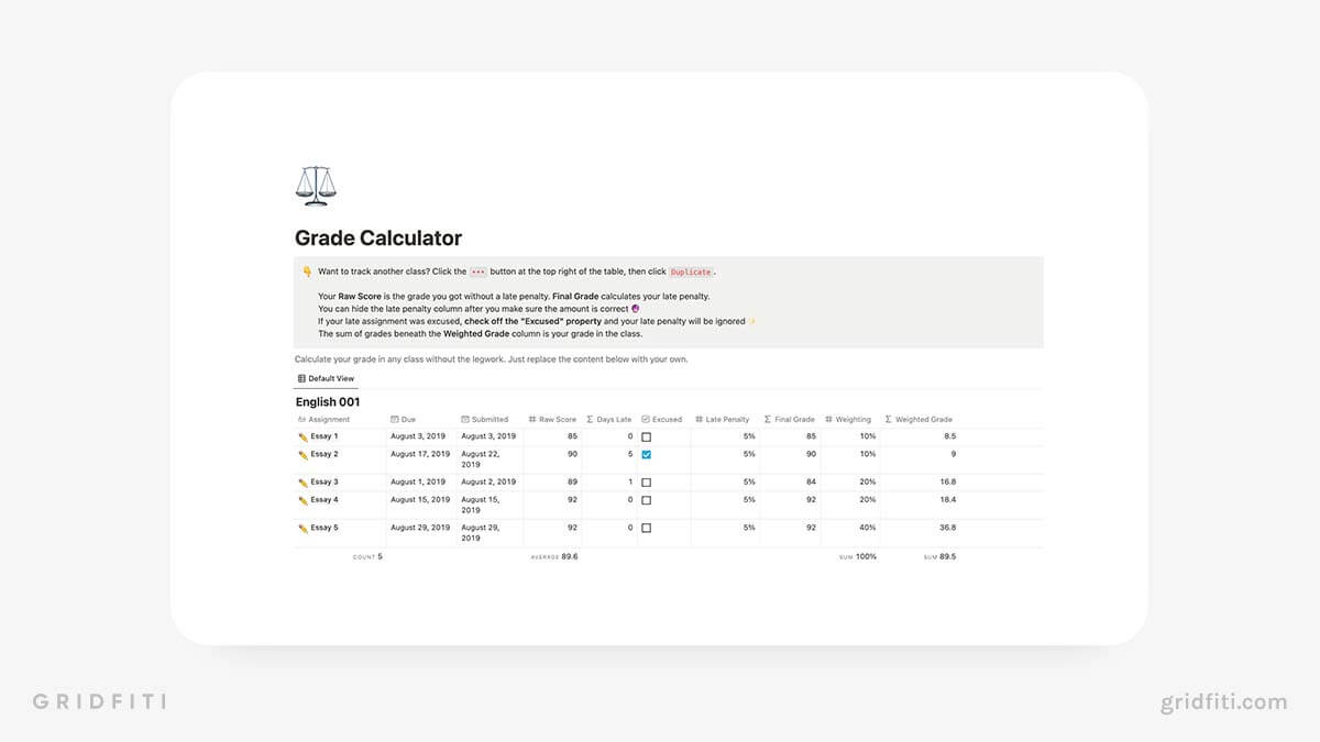 Notion Grade Calculator Template