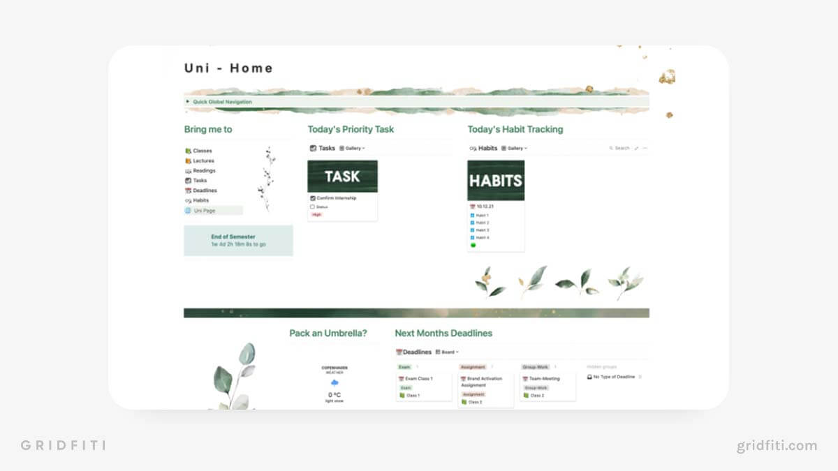 University Student Notion Dashboard Hub