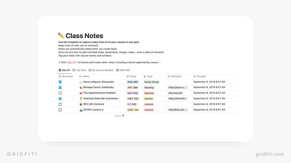 Notion Class Notes Template
