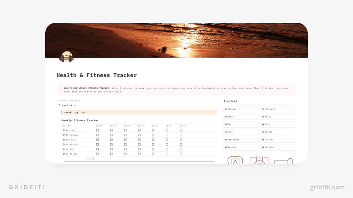 Aesthetic Health & Fitness Notion Tracker Template