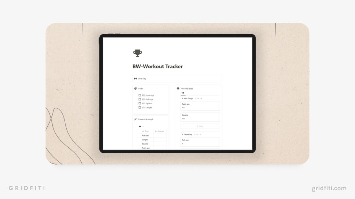 Bodyweight Workout Template for Notion
