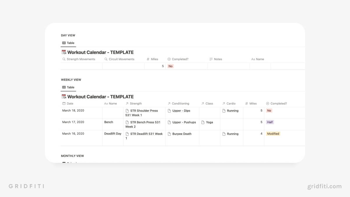Notion Fitness Calendar Template