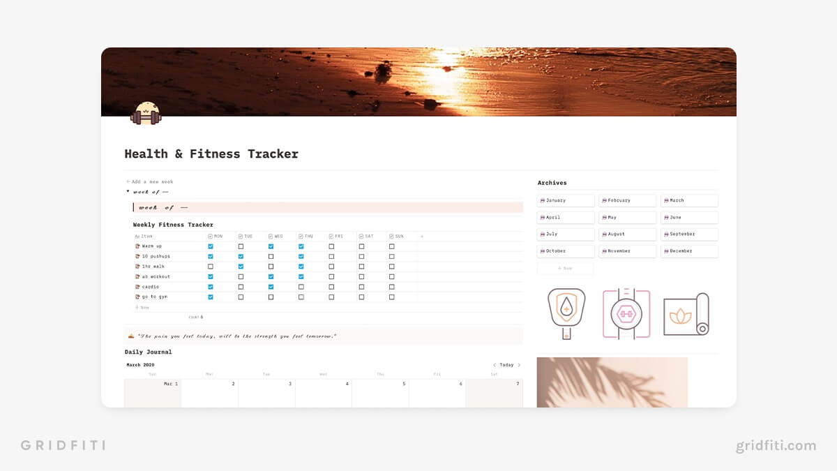 Aesthetic Health & Fitness Notion Tracker Template
