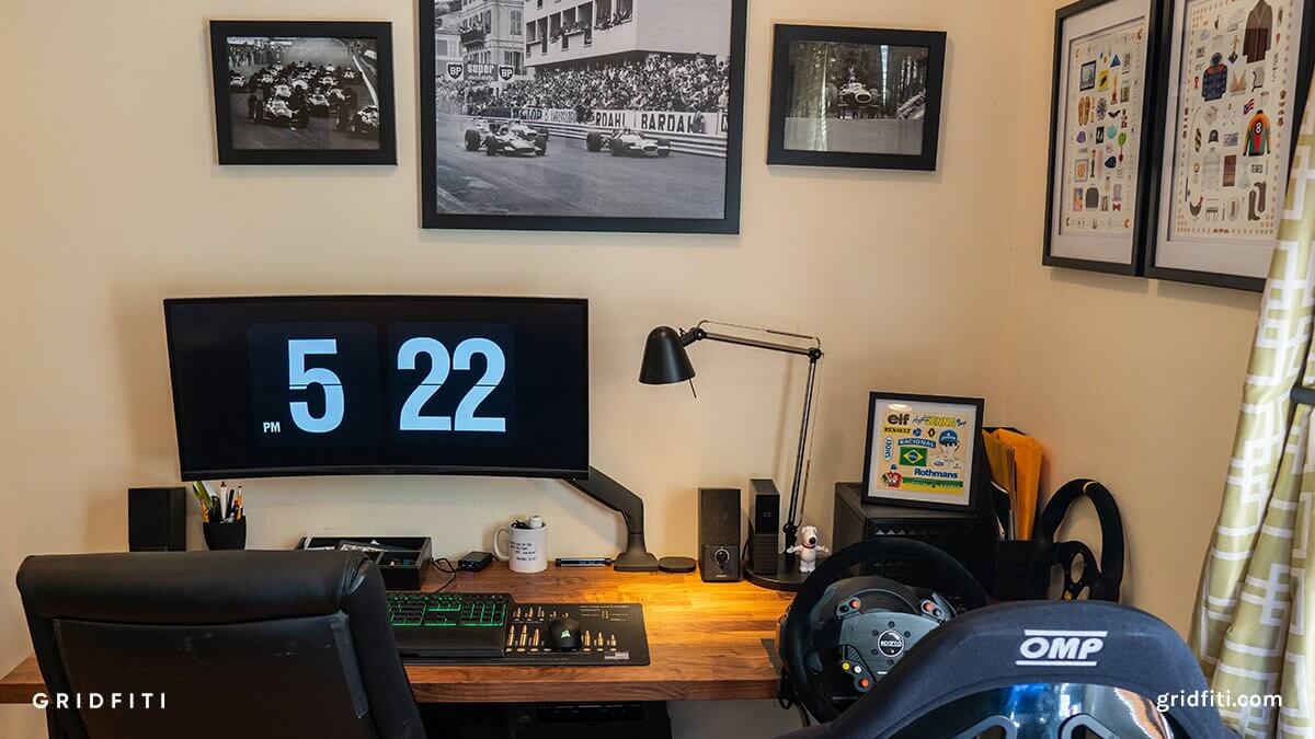 Racing Sim Desk with Vintage Racing Wall Art