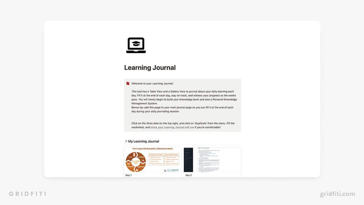 Free Notion Learning Journal Template