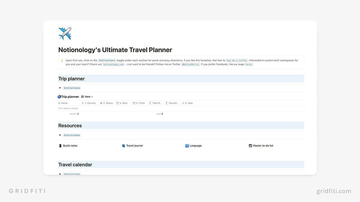 Free Notion Travel Planner Template