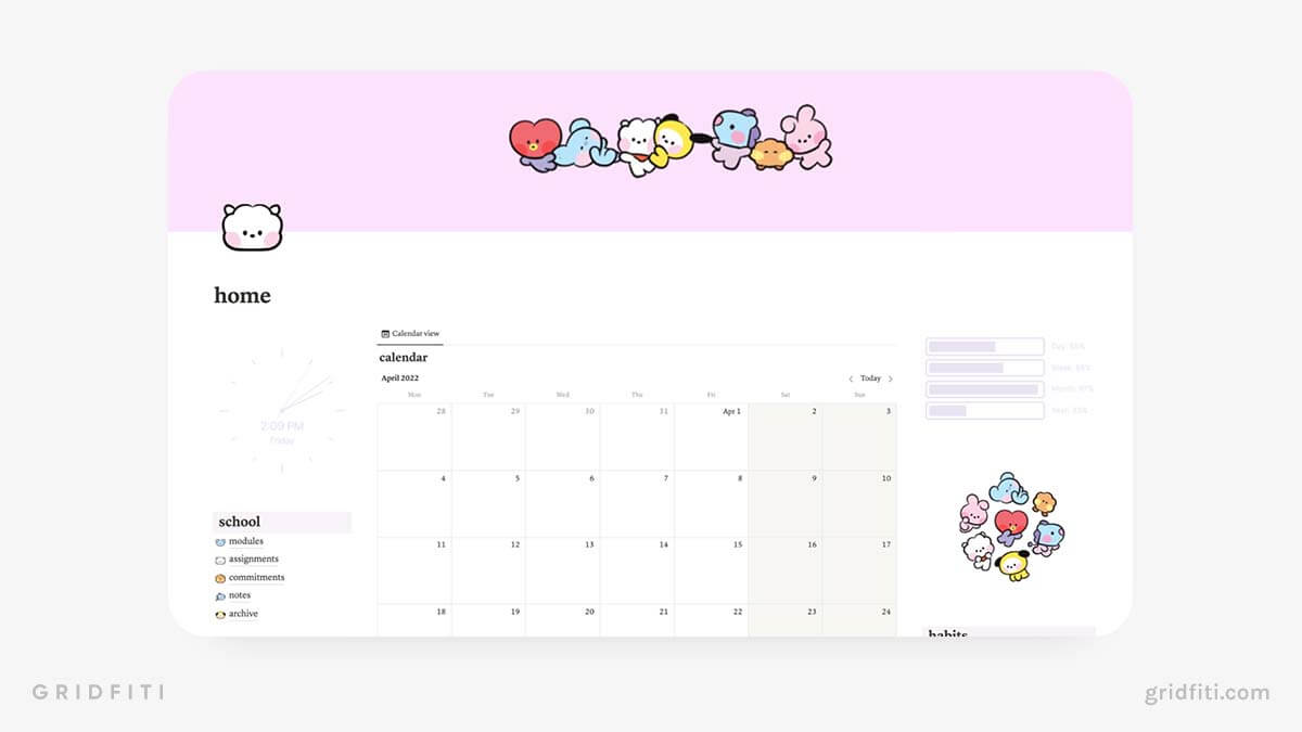 Aesthetic BT21 Notion Dashboard Template