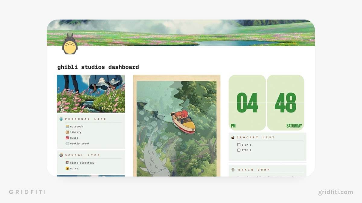 Green Studio Ghibli-Themed Dashboard Template for Notion