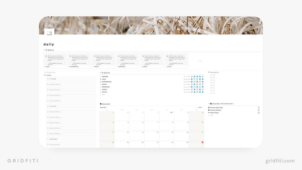 Simple Notion Daily Calendar & Journal Dashboard