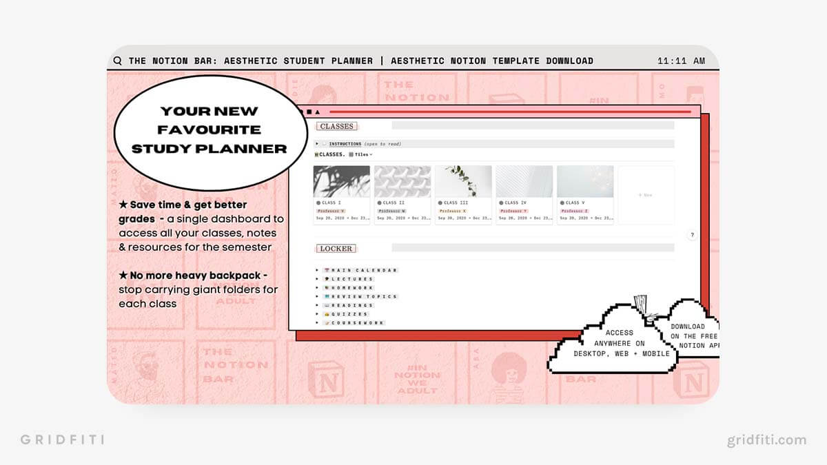 Galeria de modelos do Notion — Pink coquette aesthetic student planner