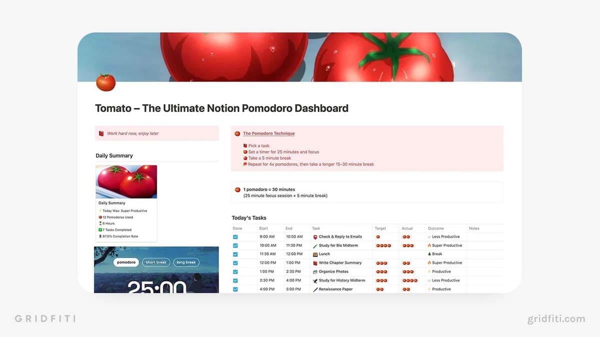 Tomato: Aesthetic Pomodoro Notion Template