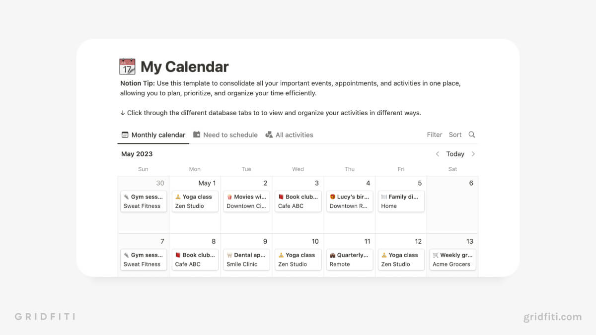 Simple Notion Calendar Template