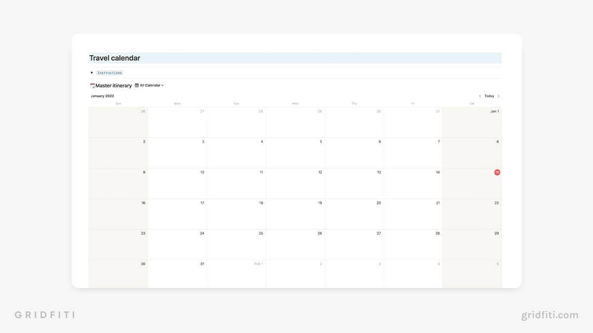 Notion Travel Calendar Template