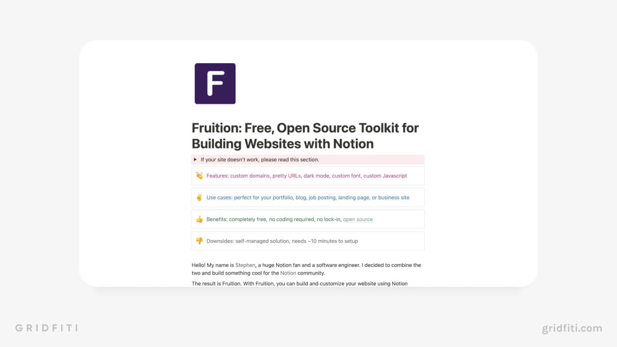Fruition – Custom Notion Website