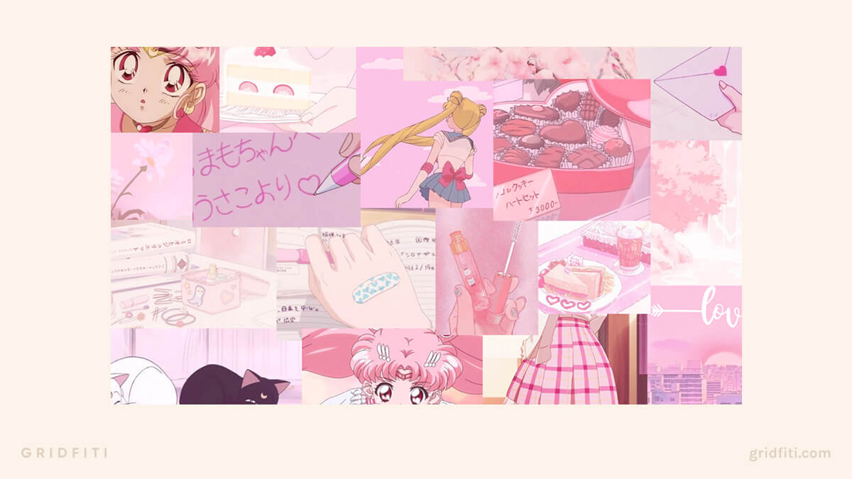 Pink Anime Desktop Collage Wallpaper