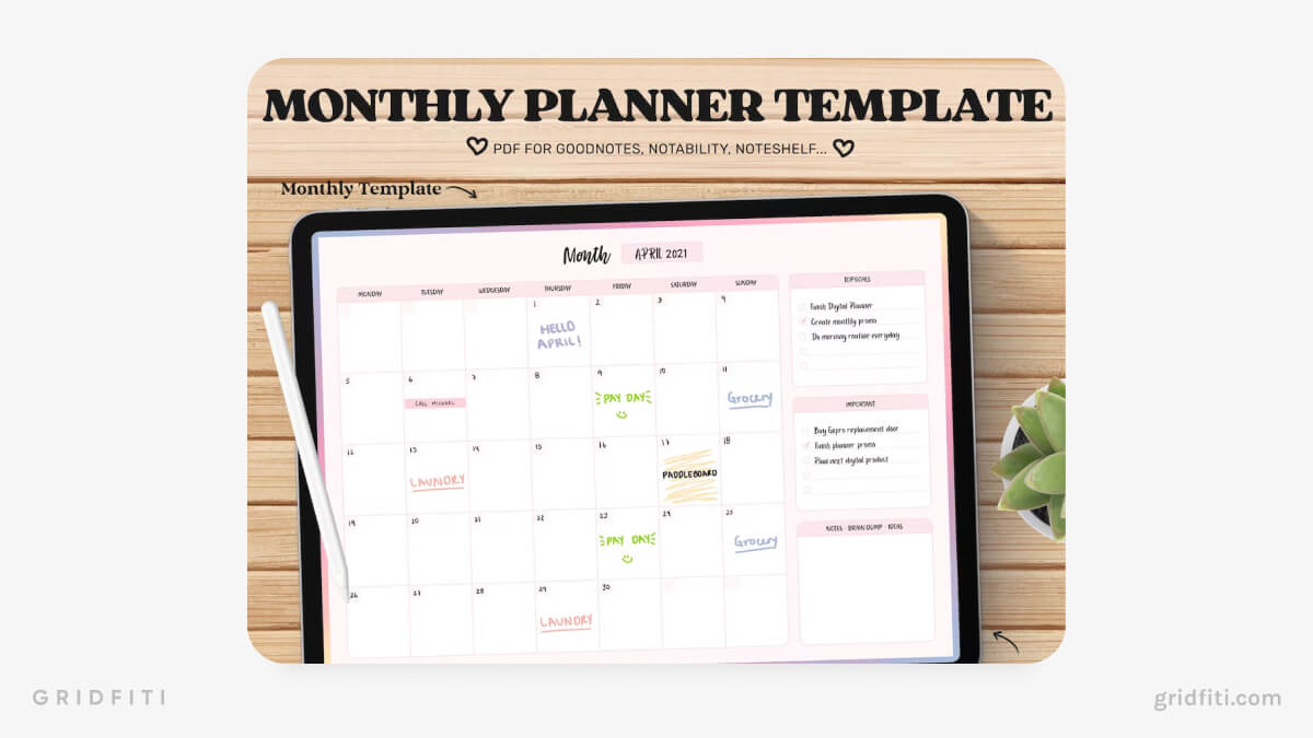 Notability Monthly Calendar Template
