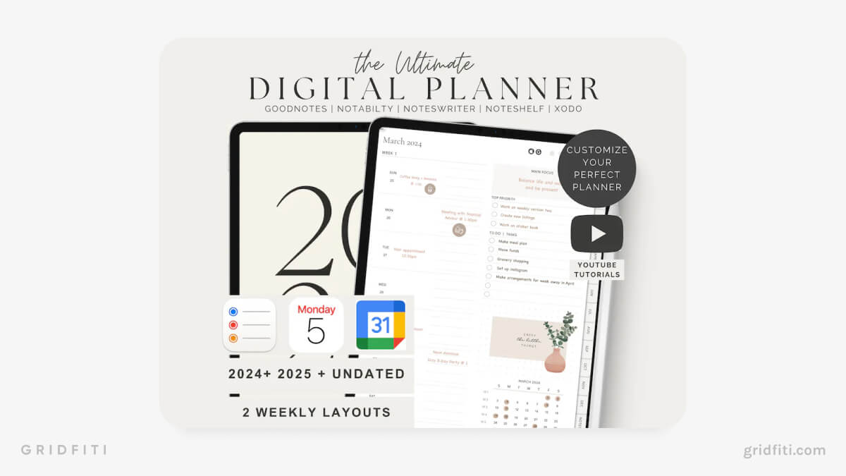 2024 & 2025 Undated Digital Planner (Google & Apple Calendar Sync)