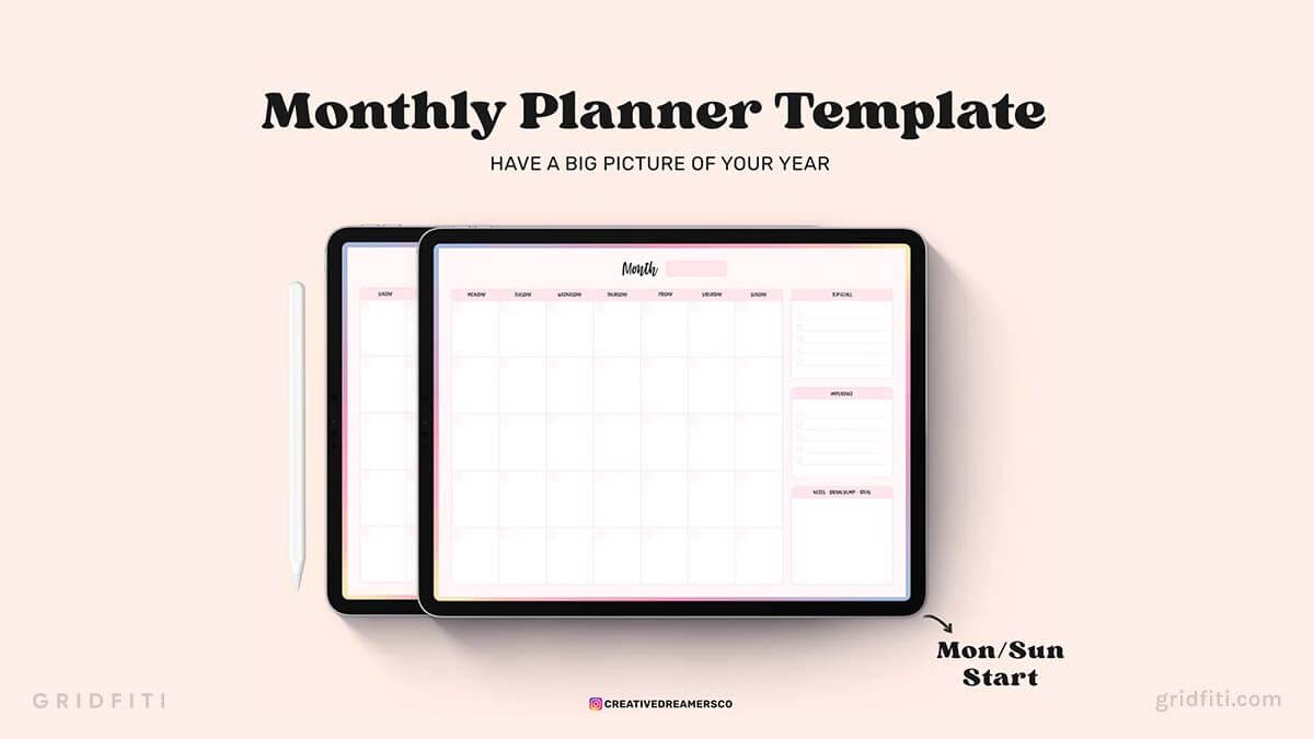 Notability Monthly Calendar Template