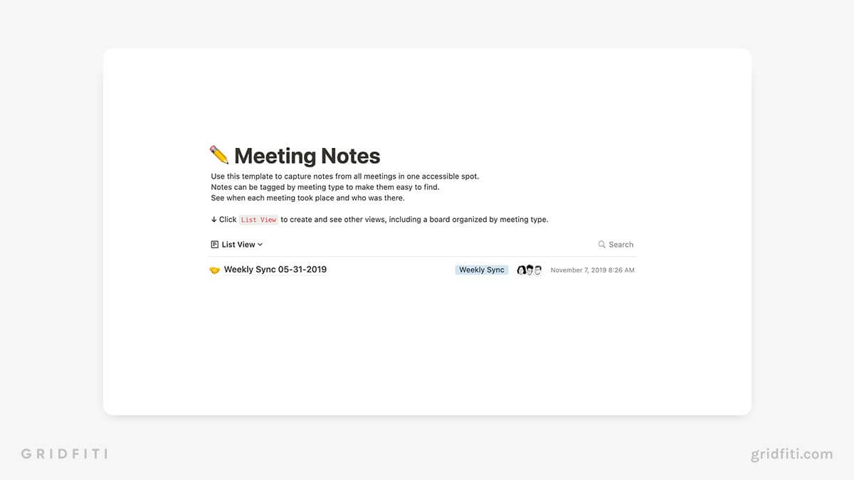 5+ Notion NoteTaking & Meeting Notes Templates Gridfiti