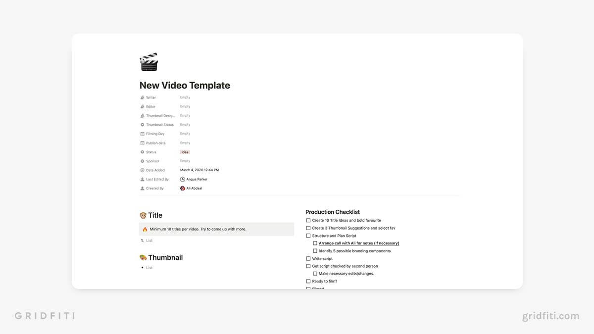 Ali Abdaal YouTube Template for Notion