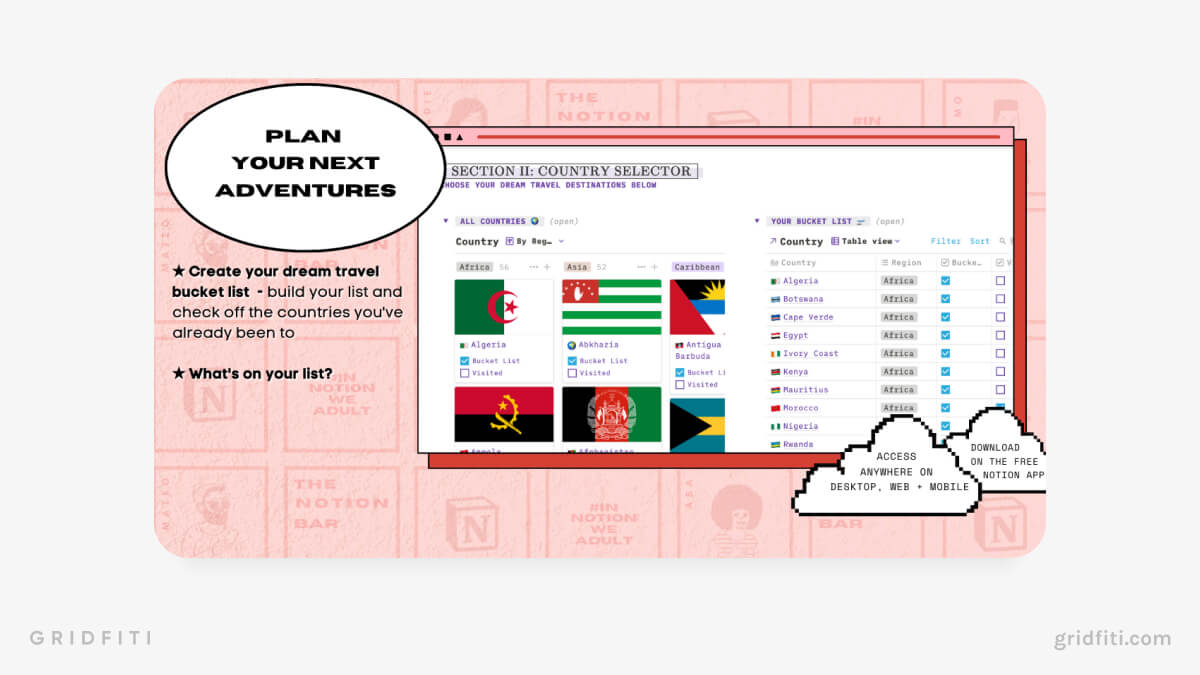 Travel Bucket List & Notion Trip Planner Template