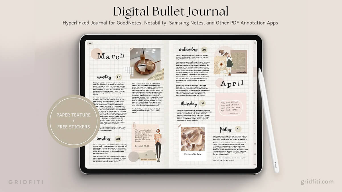 Neutral Paper Texture Digital Bullet Journal for GoodNotes