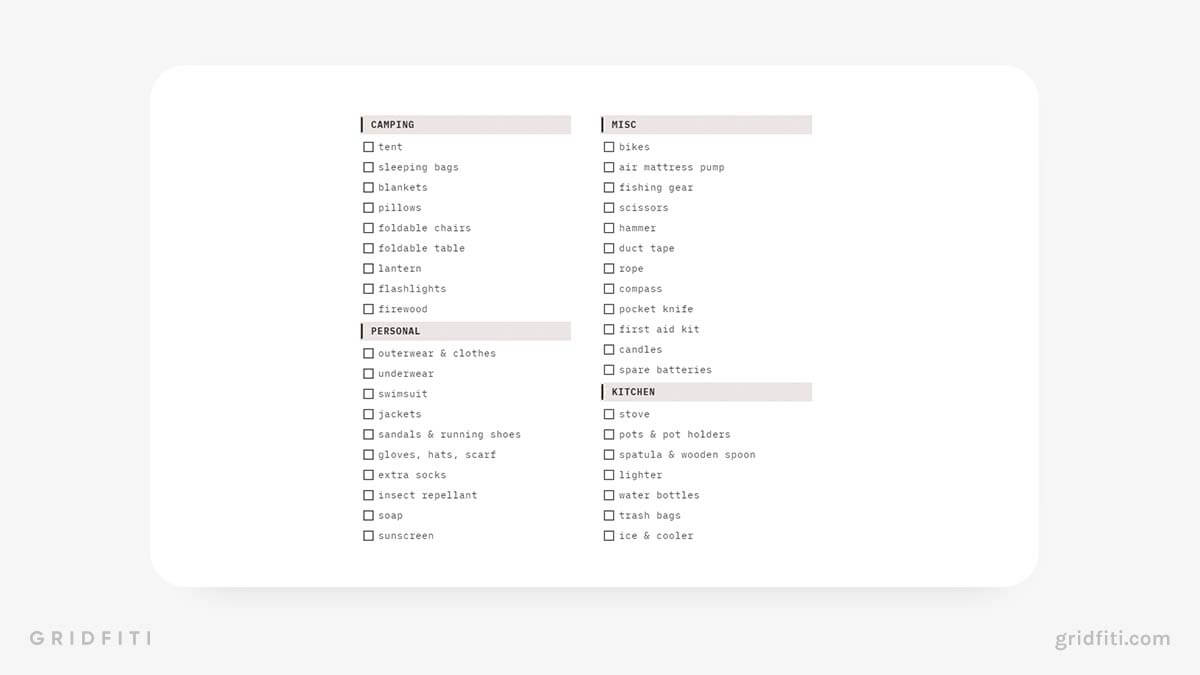 Notion Camping Packing List Template