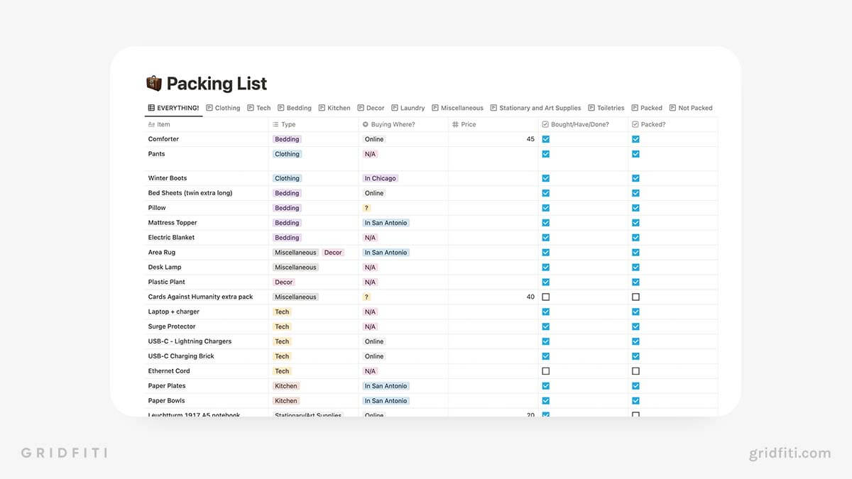 College Packing List for Notion