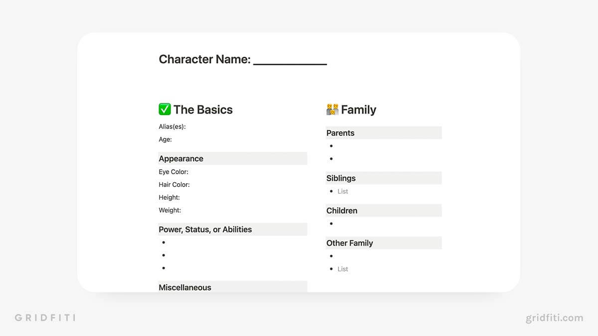 Notion Character Template for Writers