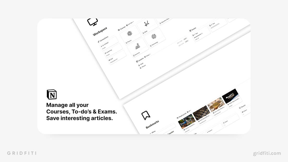 Notion Student Workspace with Bookmarks Tab