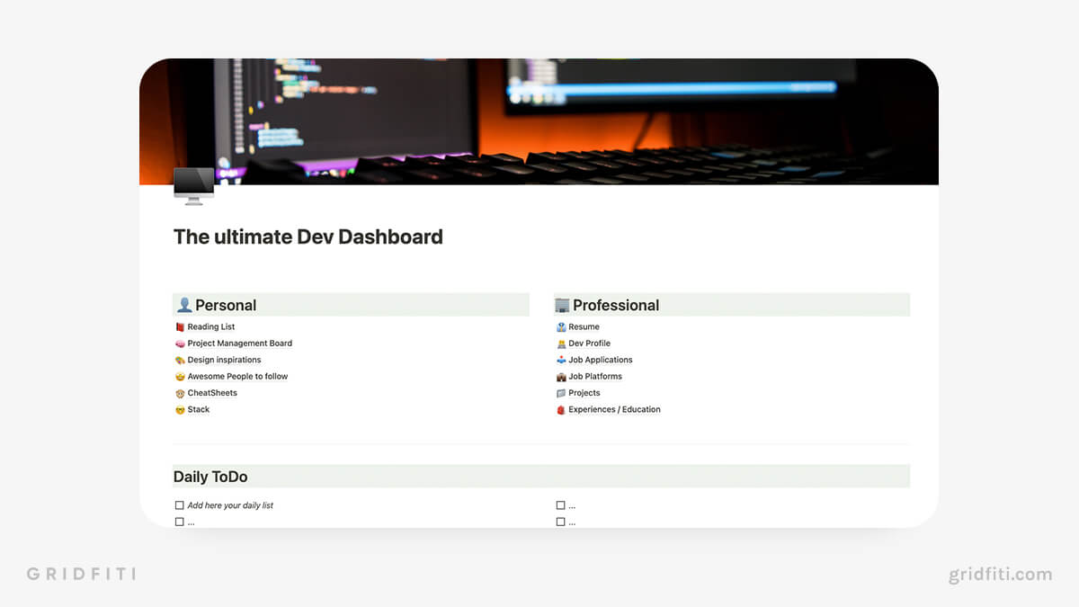 Simple Notion Developer Dashboard