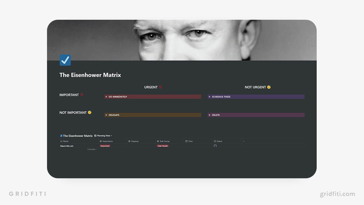 Simple Eisenhower Matrix Template for Notion