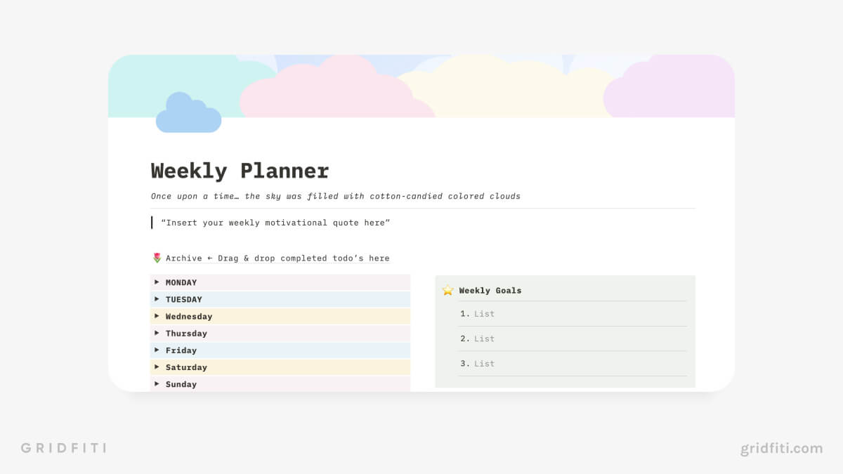 Cotton Candy Clouds Weekly Planner