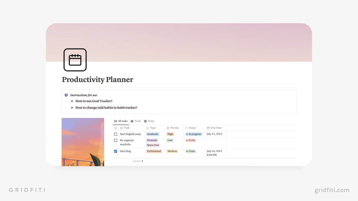 Free Notion Productivity Planner