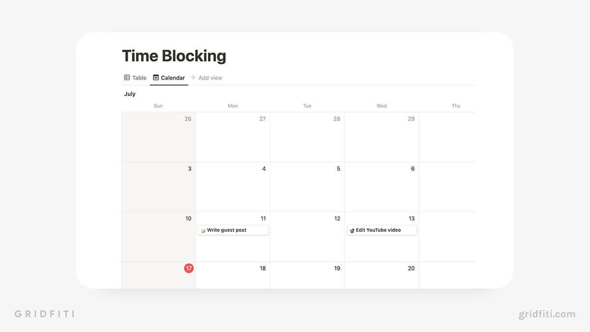 Notion Time Blocking Calendar View